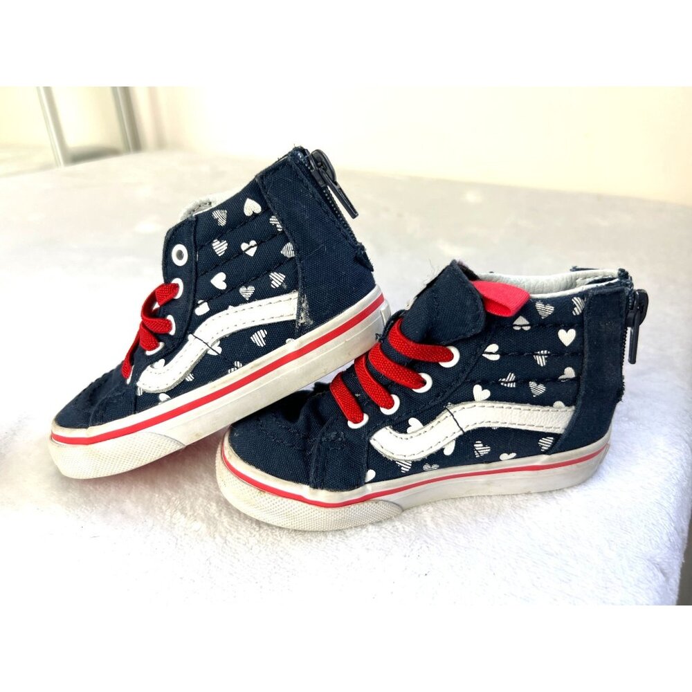 Vans Kids Toddler Size 6 High Top Sneakers Blue W/ Hearts Red Laces